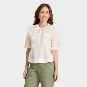 Universal Thread Elbow Sleeve Button-Front Pintuck Blouse - Cream XL NWT